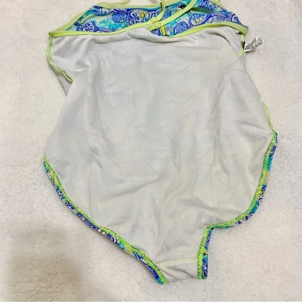OP one piece swimsuit XL 14-16 teal yellow retro sunglasses print